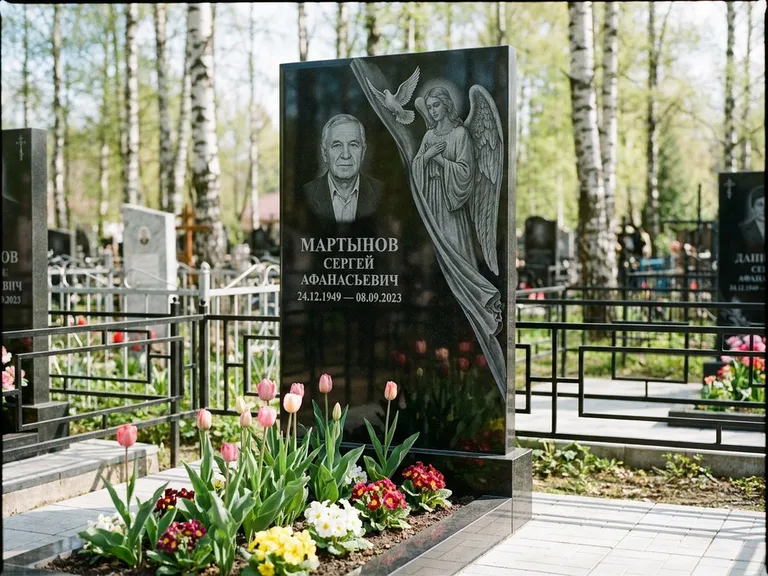 Памятник с гравировкой ангела — гравировка двух ангелов по сторонам портрета, работа «Касаткин» в Ульяновске