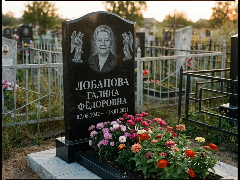 Памятник с гравировкой ангела — гравировка двух ангелов по сторонам портрета, работа «Лобанова» в Ульяновске