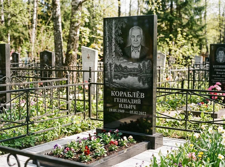 Памятник с гравировкой берёзы — гравировка берёзы у зеркального озера, работа «Кораблёв» в Ульяновске