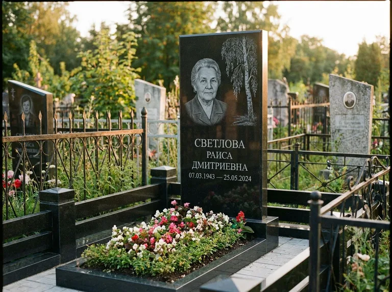 Памятник с гравировкой берёзы — гравировка плакучей берёзы с тонкими ветвями, работа «Светлова» в Ульяновске