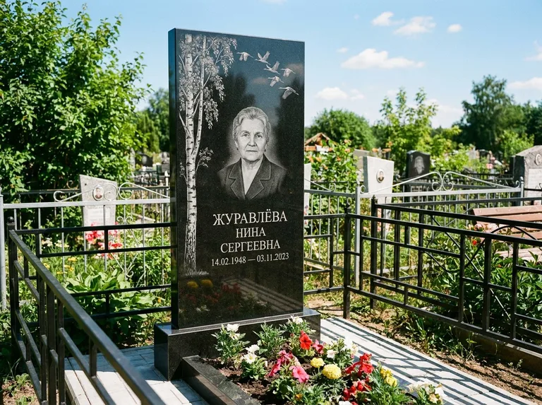 Памятник с гравировкой берёзы — гравировка берёзы с журавлиным клином в небе, работа «Журавлёва» в Ульяновске