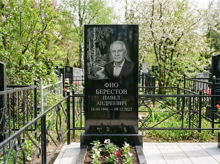 Памятник с гравировкой берёзы — гравировка берёзы у тропинки, уходящей вдаль, работа «Берестов» в Ульяновске