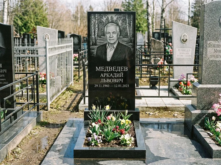 Памятник с гравировкой берёзы — гравировка берёзовой рощи в глубину, работа «Медведев» в Ульяновске