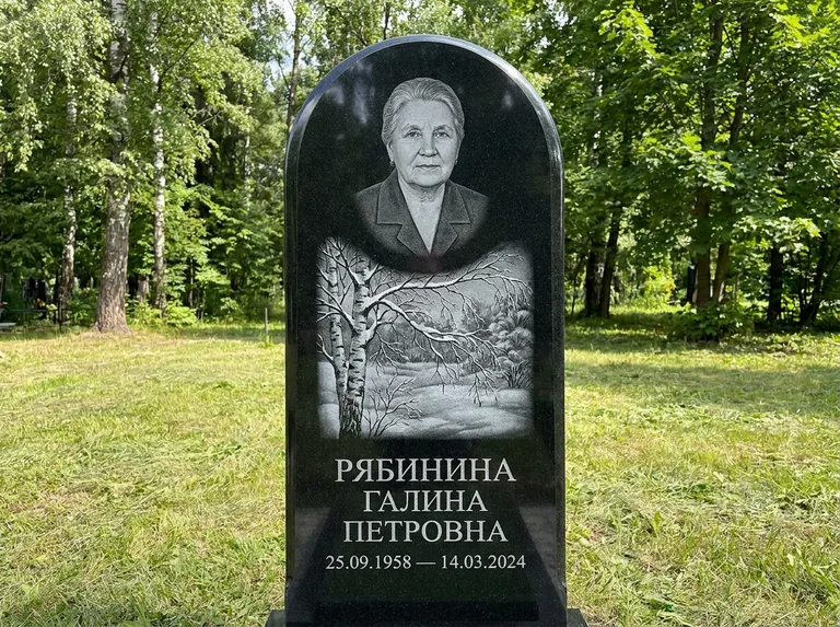 Памятник с гравировкой берёзы: стела с плавным арочным верхом — зимняя берёза, снег на ветвях, газон без ограды, стриженая трава, работа «Рябинина» в Ульяновске