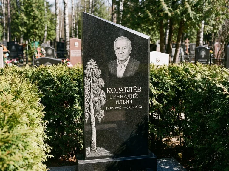 Памятник с гравировкой берёзы: асимметричная скошенная стела — объёмная одинокая берёза с фактурной корой, живая изгородь из туи, работа «Кораблёв» в Ульяновске