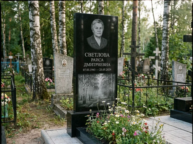 Памятник с гравировкой берёзы: двойная семейная стела — берёзовая роща в лёгкой дымке, цветник с полевыми цветами, работа «Светлова» в Ульяновске