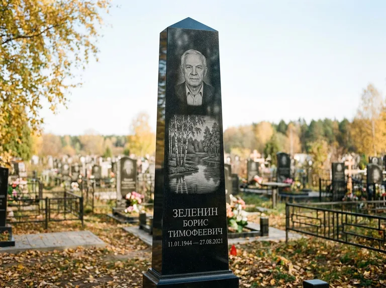 Памятник с гравировкой берёзы: гранёный обелиск-колонна — берёза у воды с отражением, открытый участок, мягкий свет, работа «Зеленин» в Ульяновске