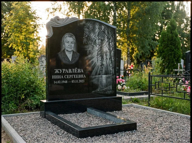 Памятник с гравировкой берёзы: стела с фигурным резным верхом — плакучая берёза в контровом свете, гравийная отсыпка, рассвет, работа «Журавлёва» в Ульяновске