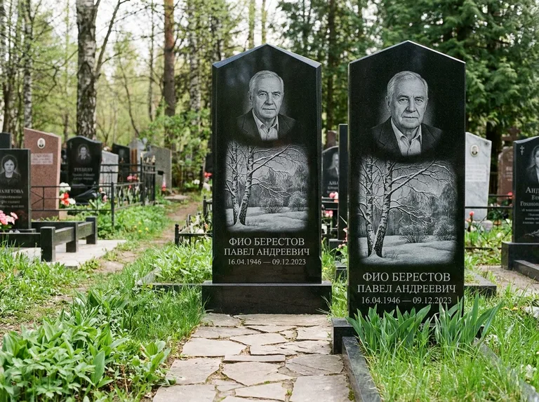 Памятник с гравировкой берёзы: массивная стела с двускатным навершием — зимняя берёза, снег на ветвях, дорожка из природного плитняка, работа «Берестов» в Ульяновске