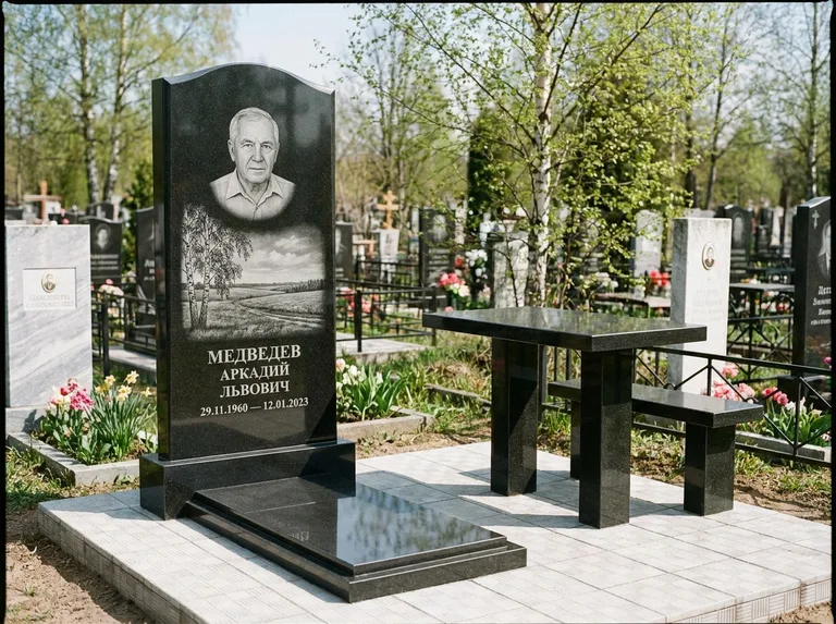 Памятник с гравировкой берёзы: стела с гранитным столиком и скамьёй — берёза у поля, простор до горизонта, семейный участок с плиткой, работа «Медведев» в Ульяновске