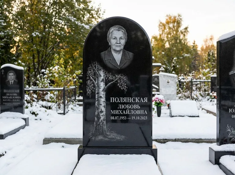 Памятник с гравировкой берёзы: полукруглая стела — объёмная одинокая берёза с фактурной корой, заснеженный зимний участок, работа «Полянская» в Ульяновске