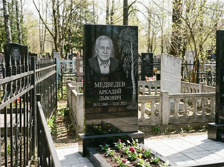 Памятник с гравировкой берёзы — гравировка плакучей берёзы с тонкими ветвями, работа «Медведев» в Ульяновске