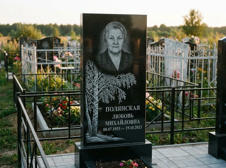 Памятник с гравировкой берёзы — гравировка зимней берёзы в инее, работа «Полянская» в Ульяновске