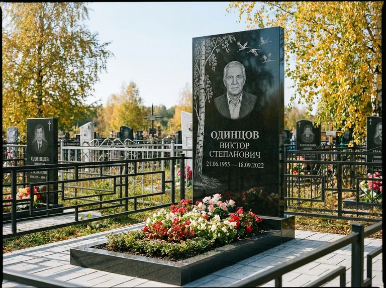 Памятник с гравировкой берёзы — гравировка берёзы с журавлиным клином в небе, работа «Одинцов» в Ульяновске