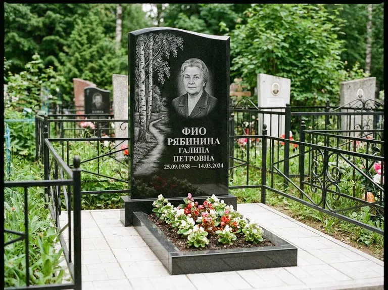 Памятник с гравировкой берёзы — гравировка берёзы у тропинки, уходящей вдаль, работа «Рябинина» в Ульяновске