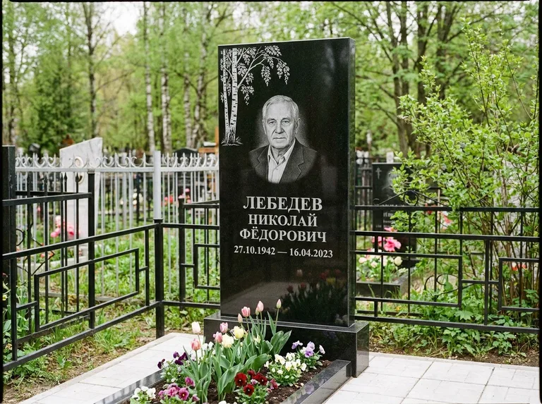 Памятник с гравировкой берёзы — гравировка одинокой берёзы над именем, работа «Лебедев» в Ульяновске