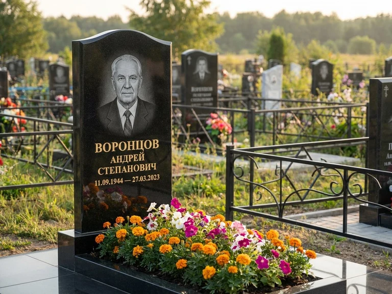 Гравировка фото на памятнике в Ульяновске — готовый гравированный портрет на чёрном граните