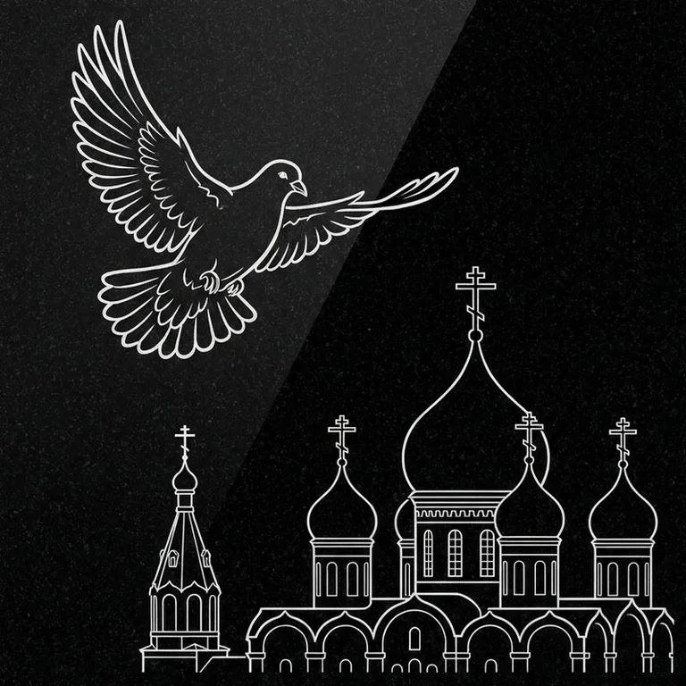Эскиз гравировки голубей на памятник — голубь в небе над храмом в Ульяновске