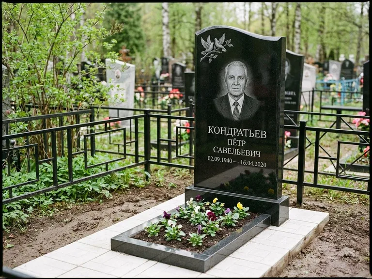 Памятник с гравировкой голубей — гравировка пары голубей на ветке в верхнем углу стелы, работа «Кондратьев» в Ульяновске