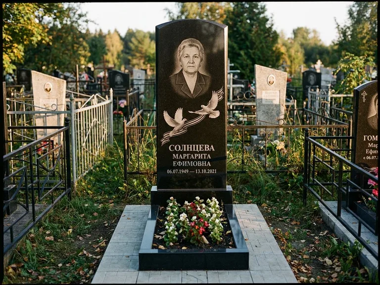 Памятник с гравировкой голубей — гравировка двух летящих голубей с лентой по диагонали стелы, работа «Солнцева» в Ульяновске