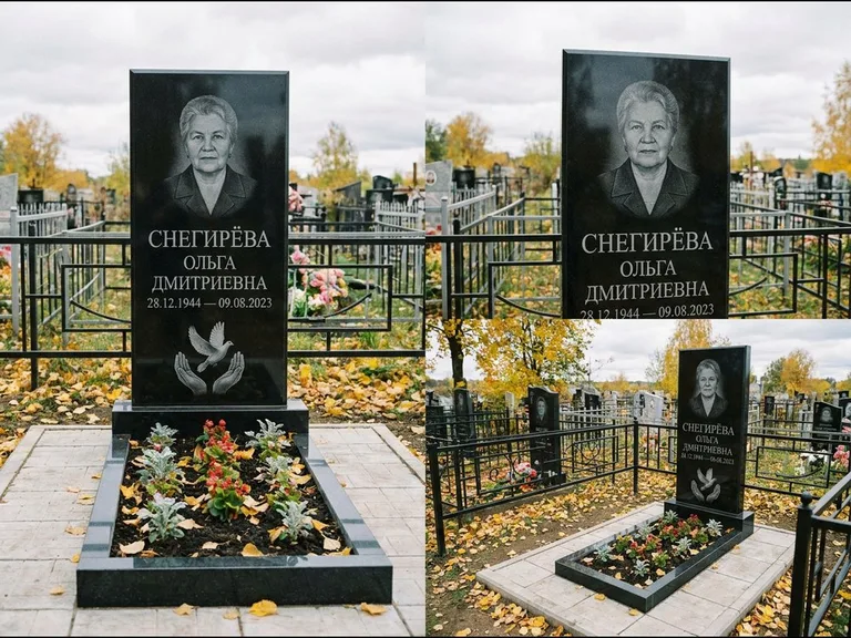 Памятник с гравировкой голубей — гравировка голубя над раскрытыми ладонями внизу стелы, работа «Снегирёва» в Ульяновске