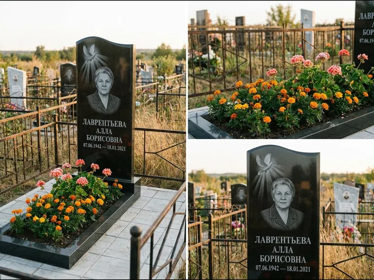 Памятник с гравировкой голубей — гравировка голубя в лучах света над портретом, работа «Лаврентьева» в Ульяновске