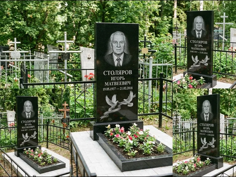 Памятник с гравировкой голубей — гравировка двух летящих голубей с лентой по диагонали стелы, работа «Столяров» в Ульяновске