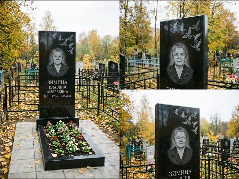 Памятник с гравировкой голубей — гравировка стаи голубей, взлетающей от угла стелы, работа «Зимина» в Ульяновске