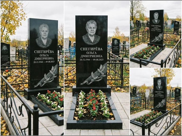 Памятник с гравировкой голубей — гравировка двух летящих голубей с лентой по диагонали стелы, работа «Снегирёва» в Ульяновске