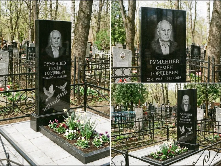 Памятник с гравировкой голубей — гравировка двух летящих голубей с лентой по диагонали стелы, работа «Румянцев» в Ульяновске