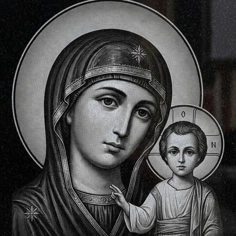 Эскиз иконы: Казанская (полутон) — детальный образ Богородицы, гравировка на памятник в Ульяновске