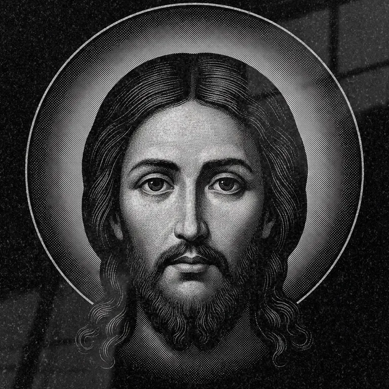 Эскиз иконы: Спас Нерукотворный (полутон) — детальный лик на убрусе, гравировка на памятник в Ульяновске