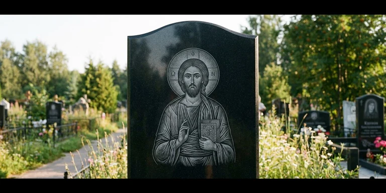 Иконы для гравировки на памятник в Ульяновске — образ на стеле из чёрного гранита с ручной доводкой лика