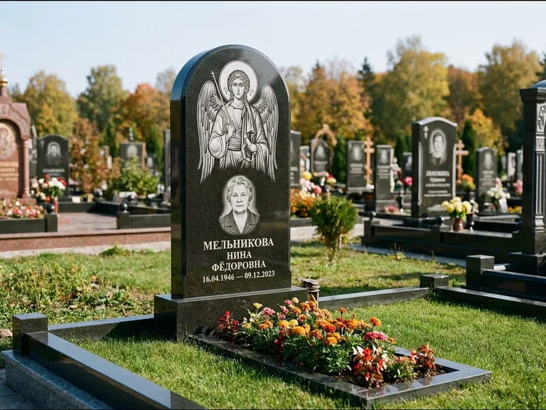 Памятник с гравировкой иконы — икона над портретом усопшего, работа «Журавлёв» в Ульяновске