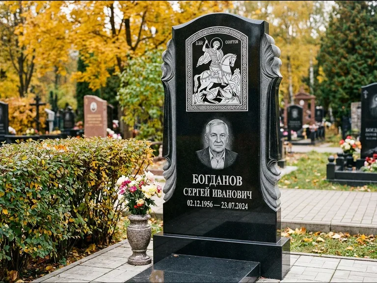 Памятник с гравировкой иконы — икона Спаса Вседержителя над именем усопшего, работа «Лебедева» в Ульяновске