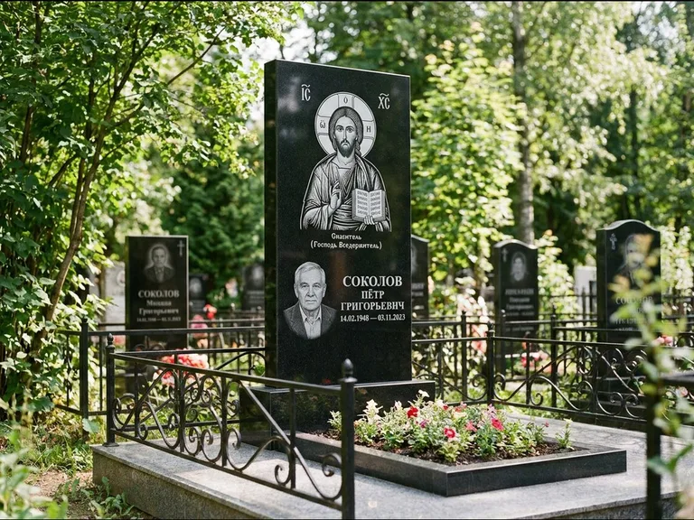 Памятник с гравировкой иконы — икона Спаса Вседержителя над именем усопшего, работа «Воронцова» в Ульяновске