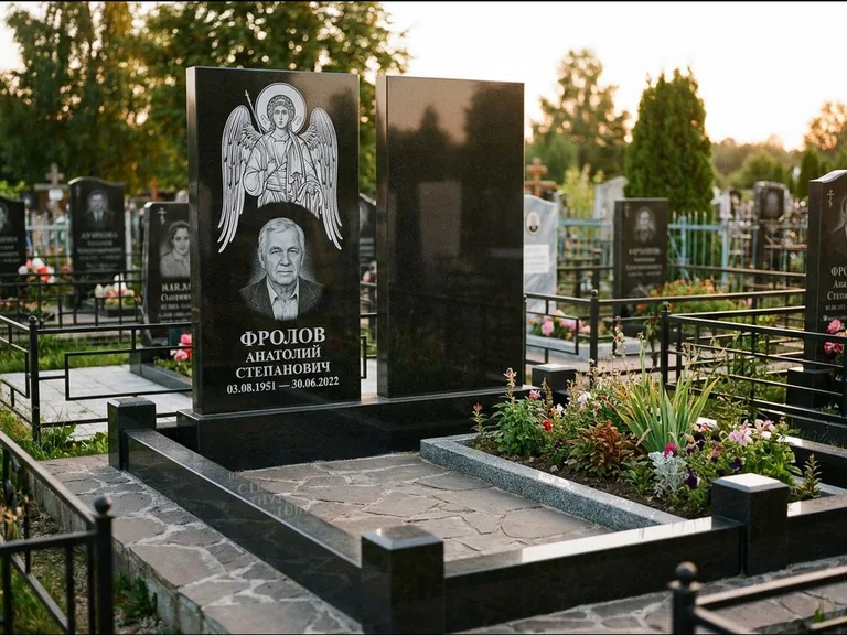 Памятник с гравировкой иконы: стела с резной рамкой вокруг иконы — Архангел Михаил на стеле, белая мраморная крошка с бордюром, работа «Богданова» в Ульяновске