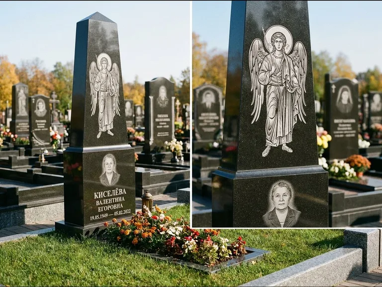 Памятник с гравировкой иконы: асимметричная скошенная стела — гравировка образа Спасителя, живая изгородь из кустарника, работа «Третьяков» в Ульяновске