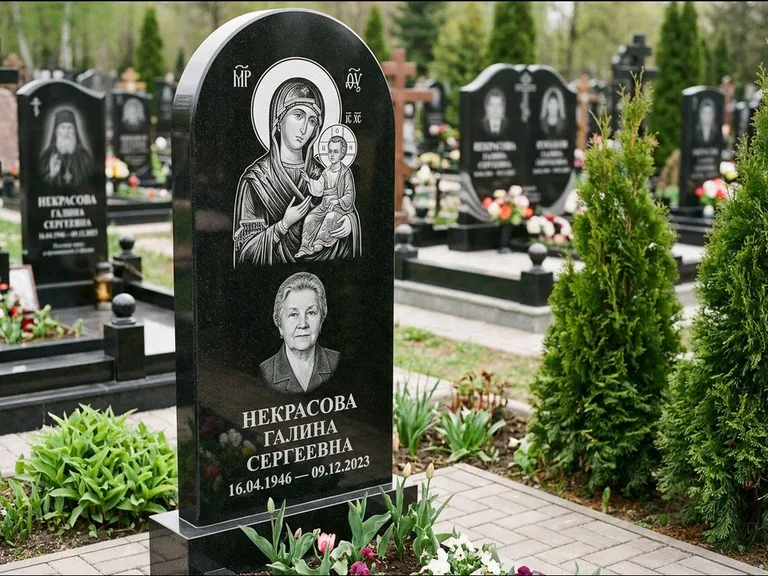 Памятник с гравировкой иконы: фигурная стела с киот-нишей под икону — икона в резной рамке-киоте, светлая гравийная отсыпка, работа «Журавлёв» в Ульяновске