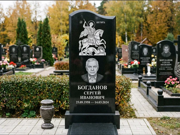 Памятник с гравировкой иконы: монументальный семейный мемориал из двух стел на общем цоколе — гравировка Николая Чудотворца, мощёная гранитная площадка без ограды, работа «Раевская» в Ульяновске