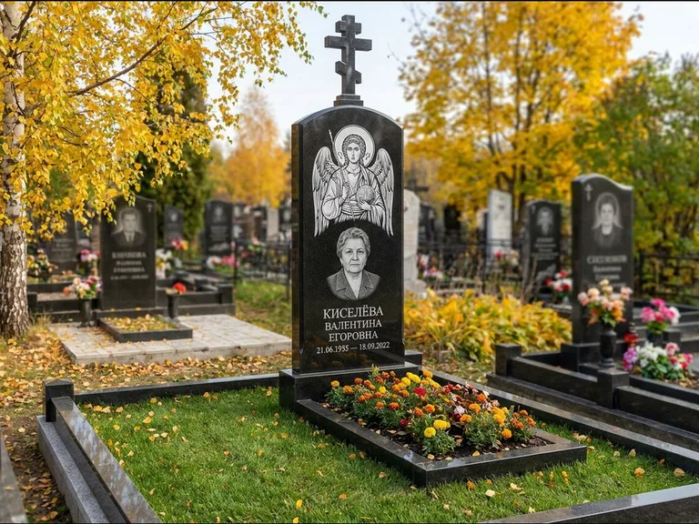 Памятник с гравировкой иконы — образ в полный рост на обороте стелы, работа «Гущин» в Ульяновске