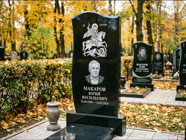 Памятник с гравировкой иконы — икона над портретом усопшего, работа «Раевская» в Ульяновске