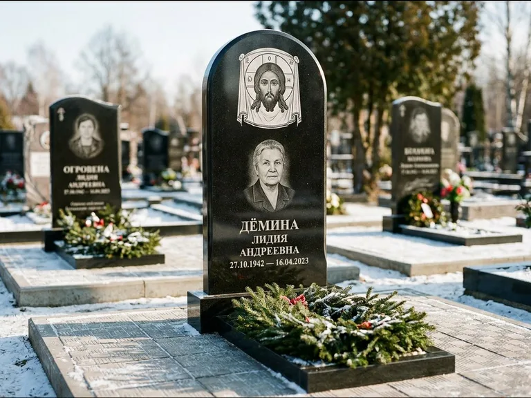 Памятник с гравировкой иконы — икона Спаса Вседержителя над именем усопшего, работа «Ковалёв» в Ульяновске