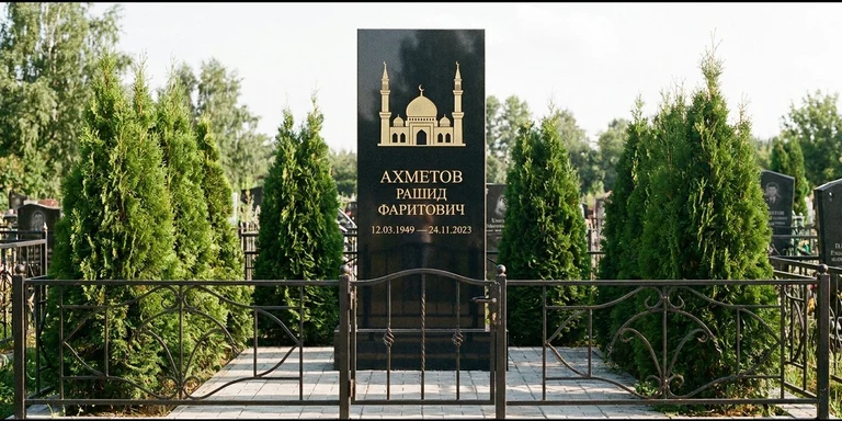 Гравировка мечети на памятник в Ульяновске — стела из чёрного гранита, оформление по канонам ислама