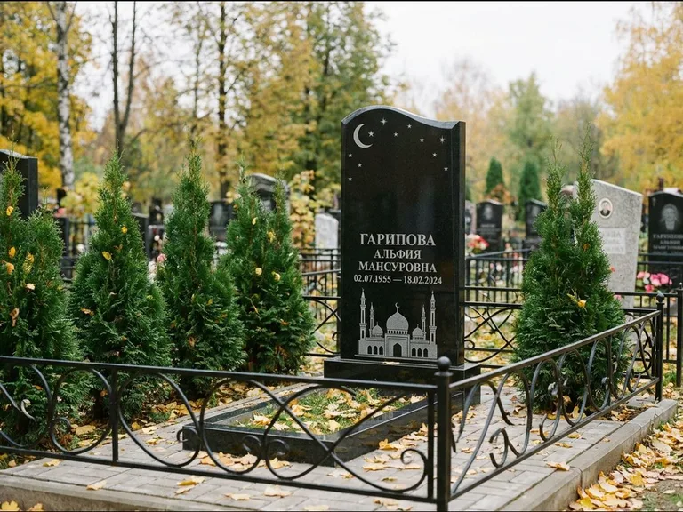 Мусульманский памятник с гравировкой мечети — мечеть с луной в ночном небе, работа «Гарипова» в Ульяновске