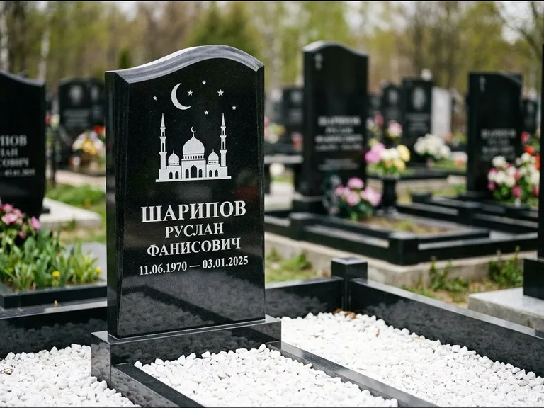 Мусульманский памятник с гравировкой мечети: стела с волнообразным скошенным верхом — гравировка мечети под полумесяцем и звёздами, белая мраморная крошка с бордюром, работа «Шарипов» в Ульяновске