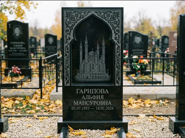 Мусульманский памятник с гравировкой мечети: фигурная стела с михраб-нишей — гравировка мечети в михраб-арке с орнаментом, светлая гравийная отсыпка, работа «Гарипова» в Ульяновске