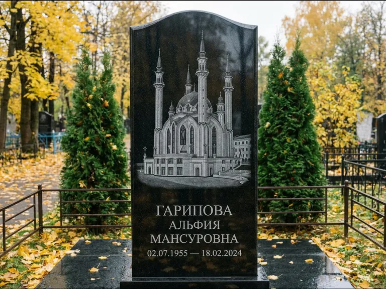 Мусульманский памятник с гравировкой мечети — мечеть Кул-Шариф на обороте стелы, работа «Гарипова» в Ульяновске