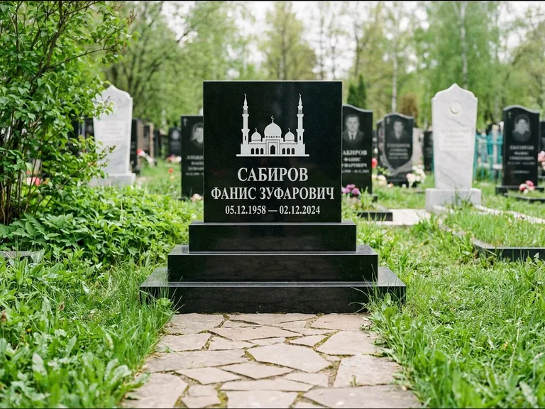 Мусульманский памятник с гравировкой мечети: ступенчатая трёхуровневая стела — золочёная гравировка мечети, дорожка из природного плитняка, работа «Юсупов» в Ульяновске