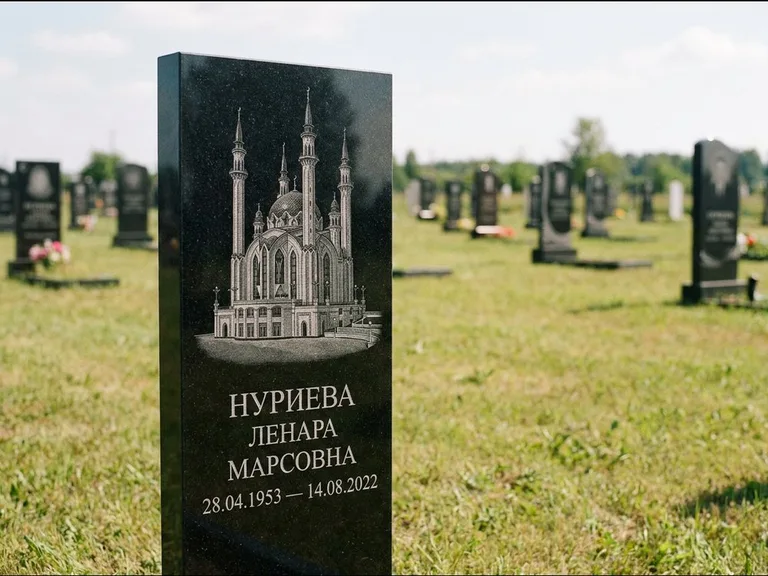 Мусульманский памятник с гравировкой мечети: узкая вертикальная стела-пилон — гравировка мечети в михраб-арке с орнаментом, открытая лужайка без ограды, работа «Хайруллина» в Ульяновске